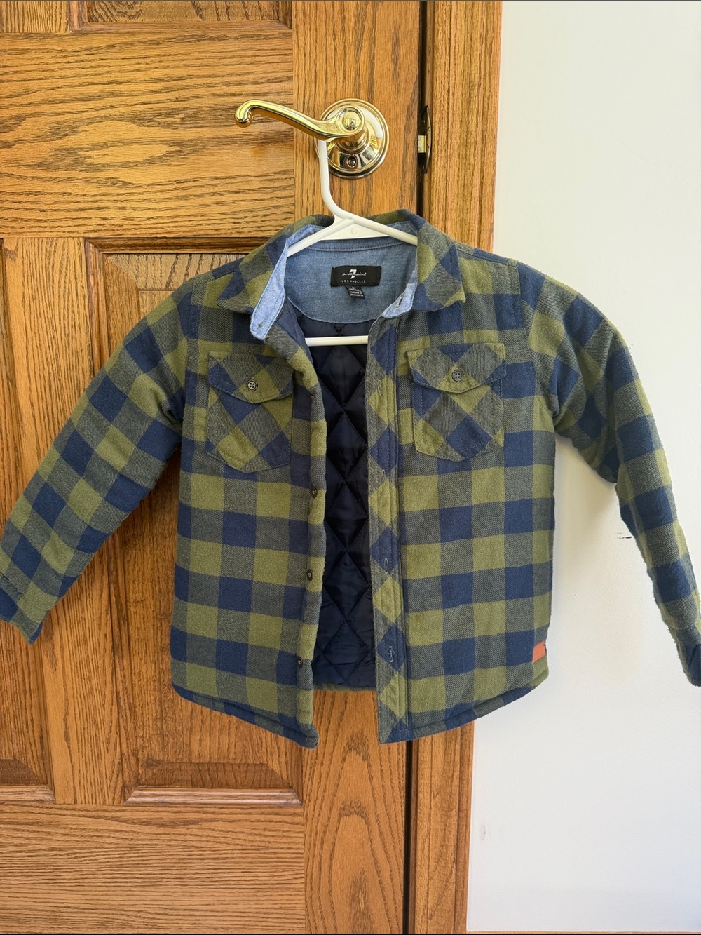 7 For All Mankind Boys Green and Navy Plaid Puffer-Lined Jacket